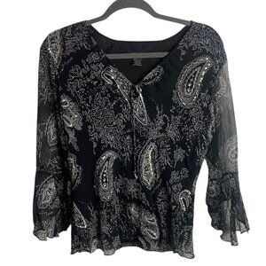 Vintage Anne Carson Size M Silk Black Paisley Sequin Flare Sleeve Fairy Sheer